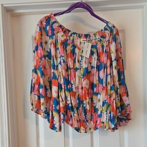 ADORA Blue Floral Off-Shoulder Peasant Blouse